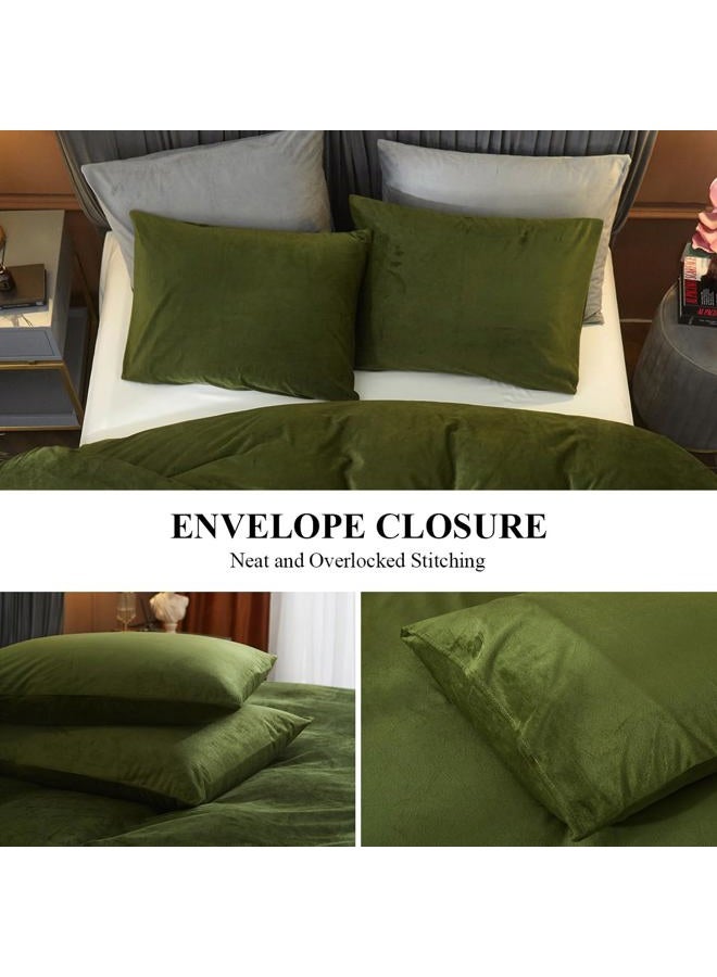 Ivellow Velvet Flannel Duvet Cover King Size Olive Green Comforter Cover Ultra Soft Breathable Cozy Velour Duvet Cover Solid Luxury Bedding Set Zipper Closure Corner Ties - Image 4