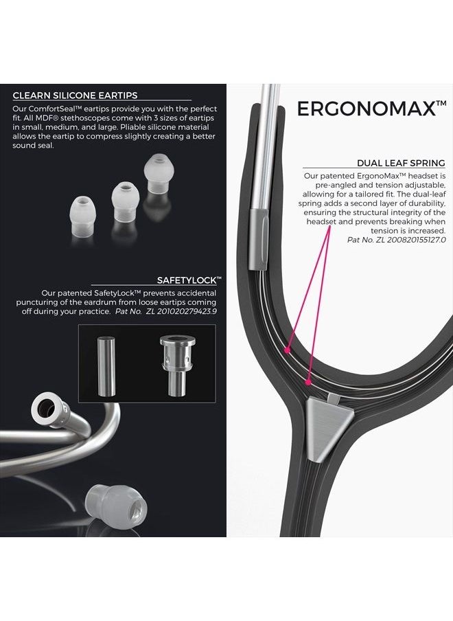 MDF Instruments سماعة طبيب القلب MDF ProCardial، من الفولاذ المقاوم للصدأ، للبالغين، رأس مزدوج، أنبوب أسود، سماعة صدر سوداء، MDF797BO  - Image 3