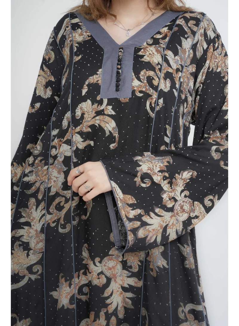 IKKXA Classic Patterns Printed Jalabiya IN104 Black