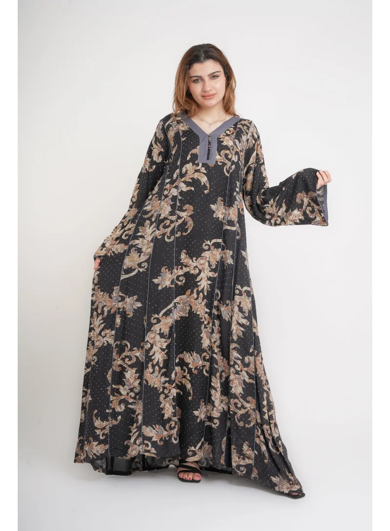IKKXA Classic Patterns Printed Jalabiya IN104 Black