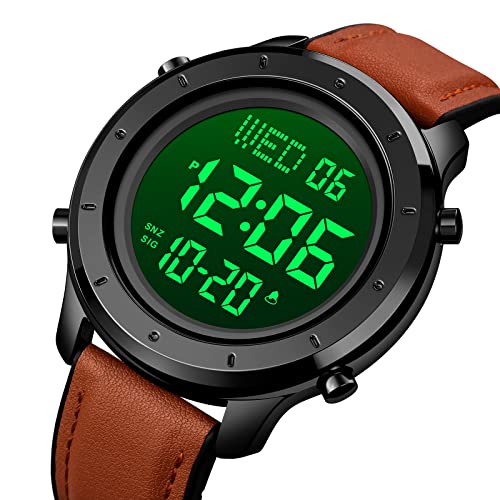 PASOY Mens Big Dial Digital Leather Watch Simple Large Display Countdown Alarm Stopwatch LED Backlight Black Dial Business Multifunction Watches - Image 3