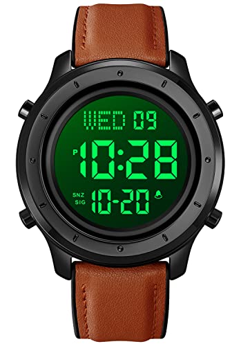 PASOY Mens Big Dial Digital Leather Watch Simple Large Display Countdown Alarm Stopwatch LED Backlight Black Dial Business Multifunction Watches - Image 1