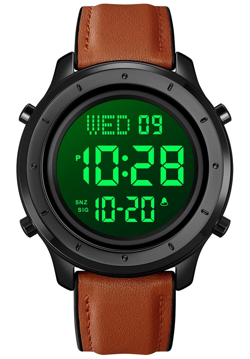 PASOY Mens Big Dial Digital Leather Watch Simple Large Display Countdown Alarm Stopwatch LED Backlight Black Dial Business Multifunction Watches - Image 2