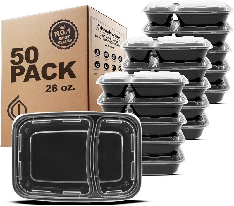 Freshware Meal Prep Containers 50 Pack 2 Compartment with Lids Food Storage Containers Bento Box BPA Free Stackable MicrowaveDishwasherFreezer Safe 28 oz - Image 1