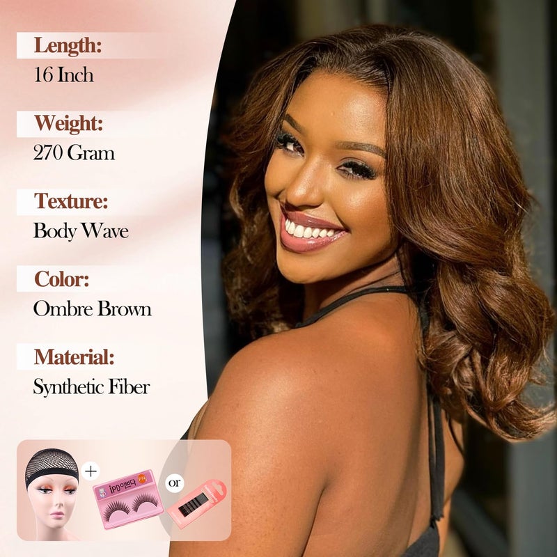 WIGER Short Big Curly Lace Front Wigs Loose Wave Wig Short Wavy Bob Wigs for Black Women Ombre Brown Middle Part Shoulder Length Wig Synthetic Wigs - Image 3