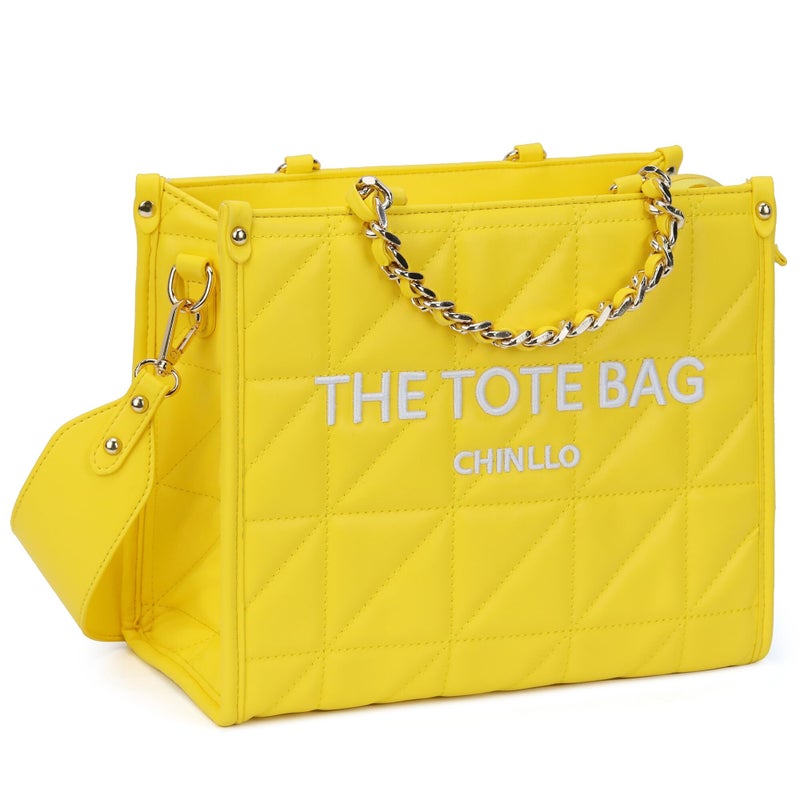 Chinllo Tote Bag for Women Quilted Chains Satchel Purse and Handbags with Shoulder Strap (E.Yellow-S) - Image 1