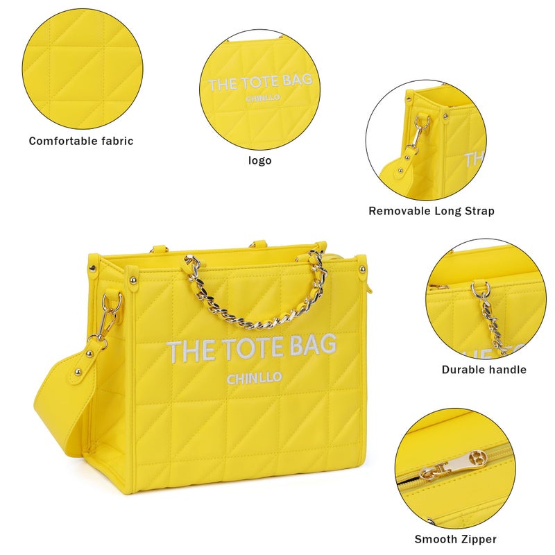 Chinllo Tote Bag for Women Quilted Chains Satchel Purse and Handbags with Shoulder Strap (E.Yellow-S) - Image 4