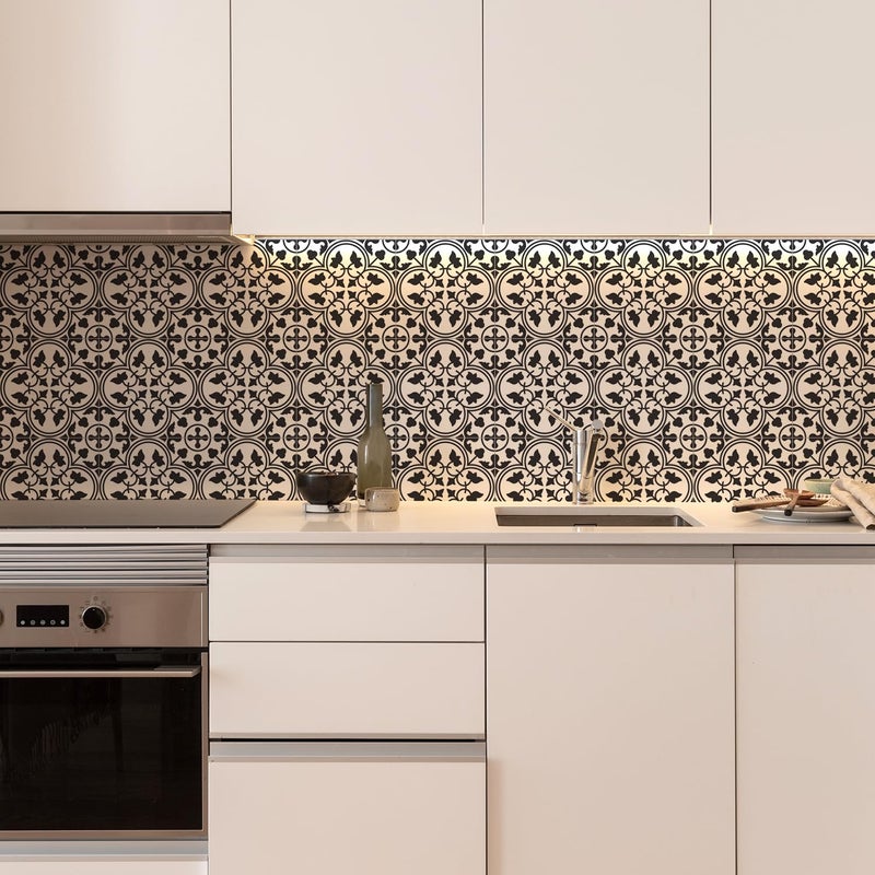 ملصق بلاط Alwayspon بنمط أسود وأبيض ذاتي اللصق للصق على بلاط الأرضيات لنقلها إلى الحمام ومطبخ خلفية الرش، ملصق بلاط فينيل قابل للتقشير واللصق 12 قطعة × 15 سم 6 بوصة