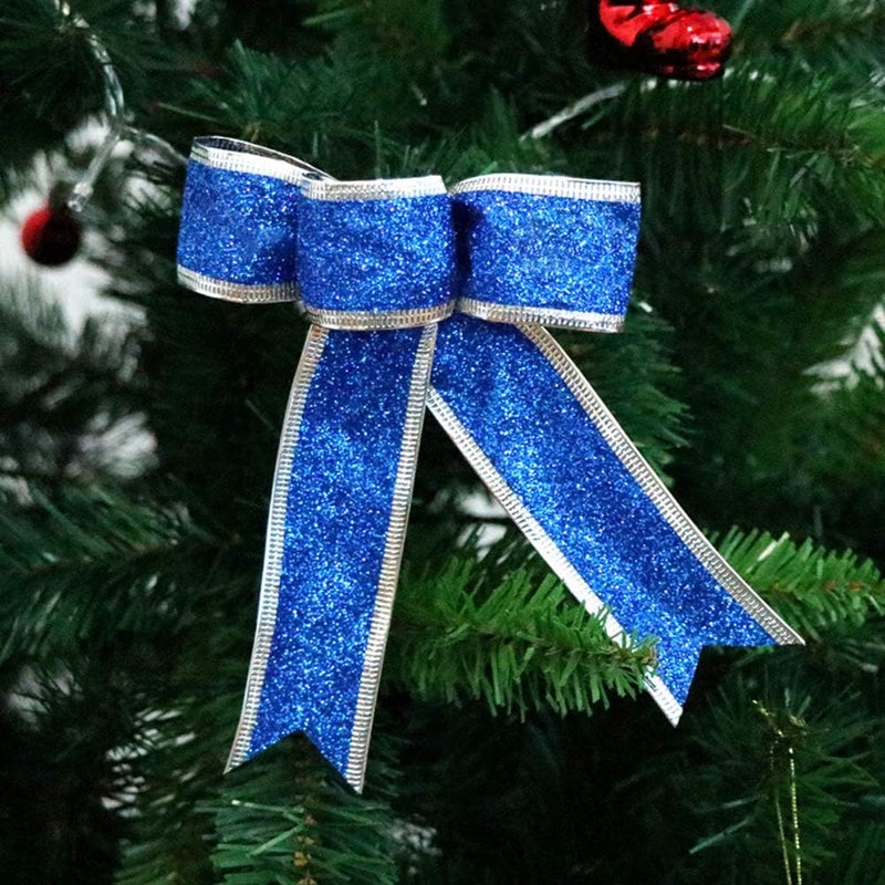 klarako 5PCS Christmas Glittering Fabric Ribbon Bow Gift Wrap Pull Bows for Christmas Tree Present Decoration (Blue) - Image 3