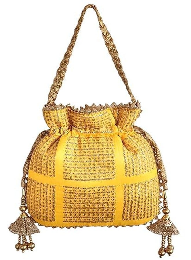 DUCHESS Sequin Embroidered Potli Bag for Women - Ethnic Wedding & Festive Clutch with Dori Handle & Latkans (Yellow) - Image 2