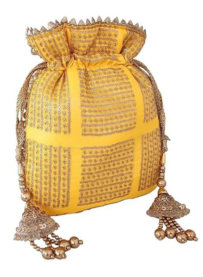 DUCHESS Sequin Embroidered Potli Bag for Women - Ethnic Wedding & Festive Clutch with Dori Handle & Latkans (Yellow) - Image 4