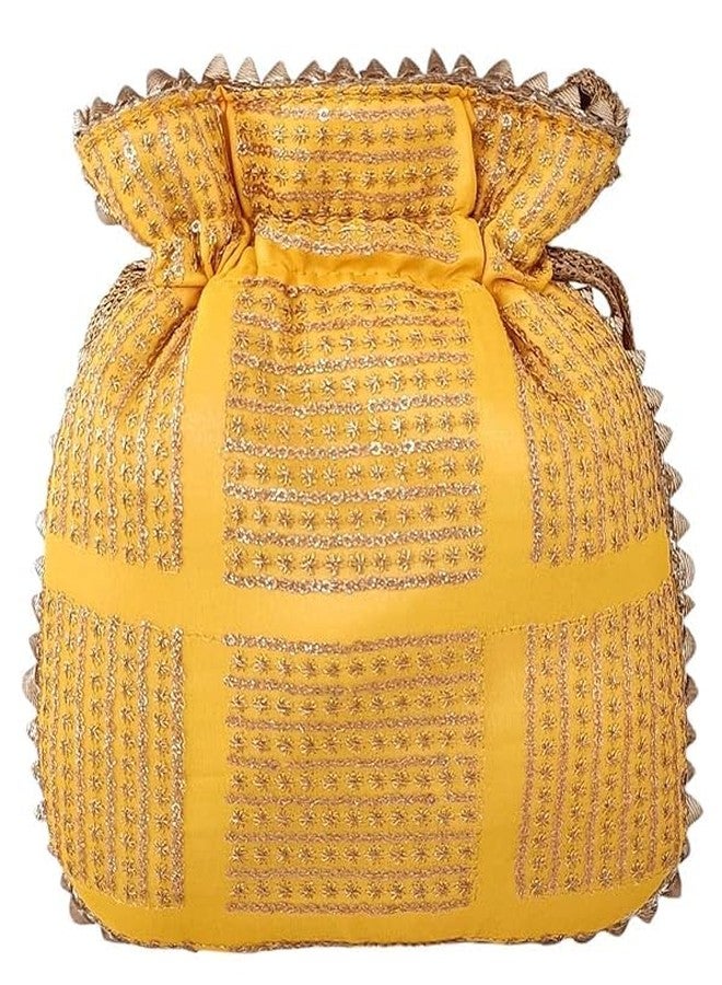 DUCHESS Sequin Embroidered Potli Bag for Women - Ethnic Wedding & Festive Clutch with Dori Handle & Latkans (Yellow) - Image 5