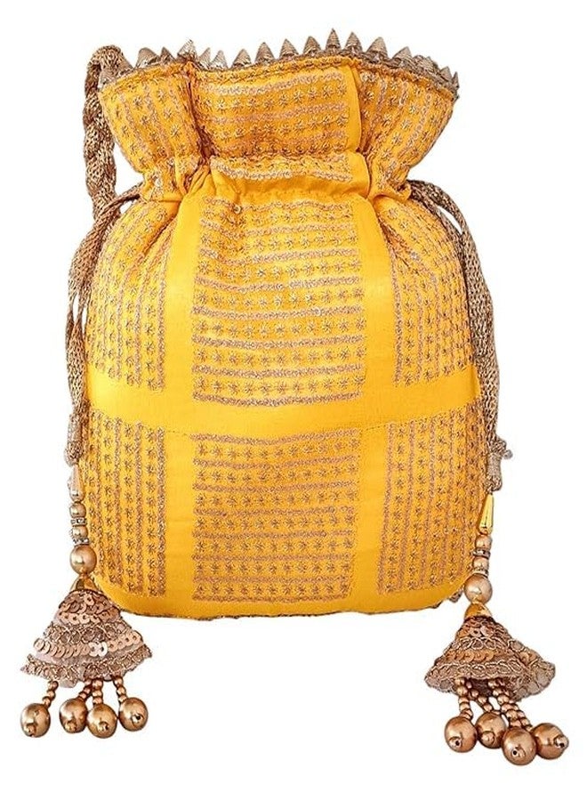 DUCHESS Sequin Embroidered Potli Bag for Women - Ethnic Wedding & Festive Clutch with Dori Handle & Latkans (Yellow) - Image 3