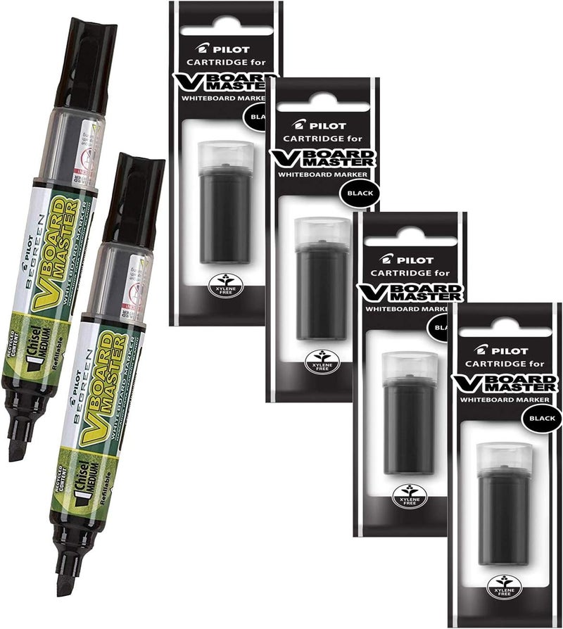 Refillable Dry Erase Markers, Pilot , 2 Black Ink Chisel Tip Markers with 4 Refills, P1a439146p