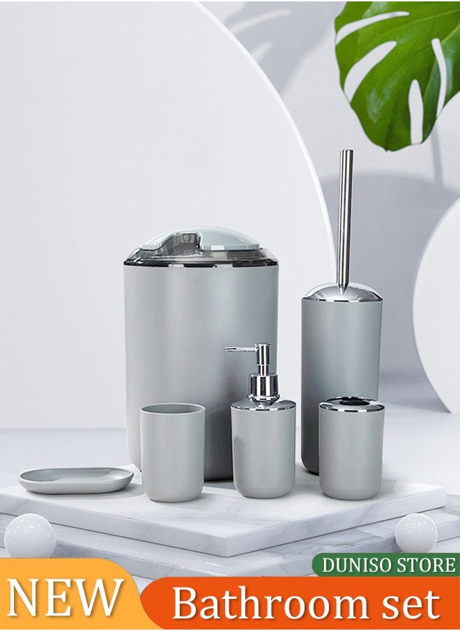 DUNISO 6 pieces of Bathroom accessories set,plastic toiletries gift set, bathroom storage set, with lotion bottle, toothbrush holder, mouthwash cup, soap dish, toilet brush, trash can  - Image 1