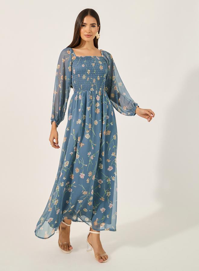 Print Long Sleeves A-Line Maxi Dress