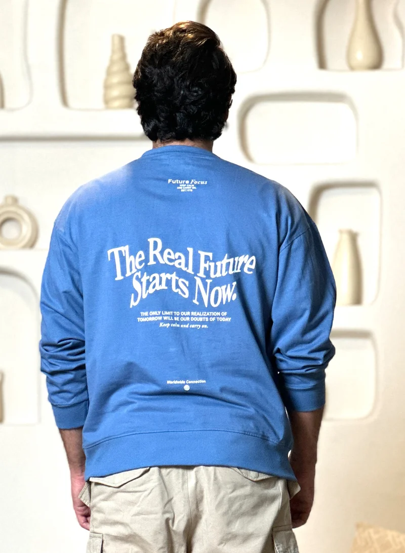 Maniac Maniac Mens Printed Round Neck Fullsleeve Denim Blue and White Cotton Sweatshirt