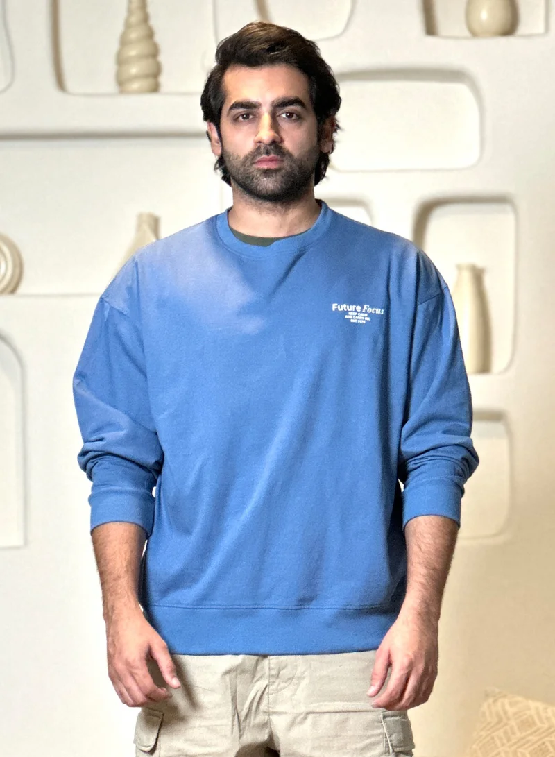 Maniac Maniac Mens Printed Round Neck Fullsleeve Denim Blue and White Cotton Sweatshirt