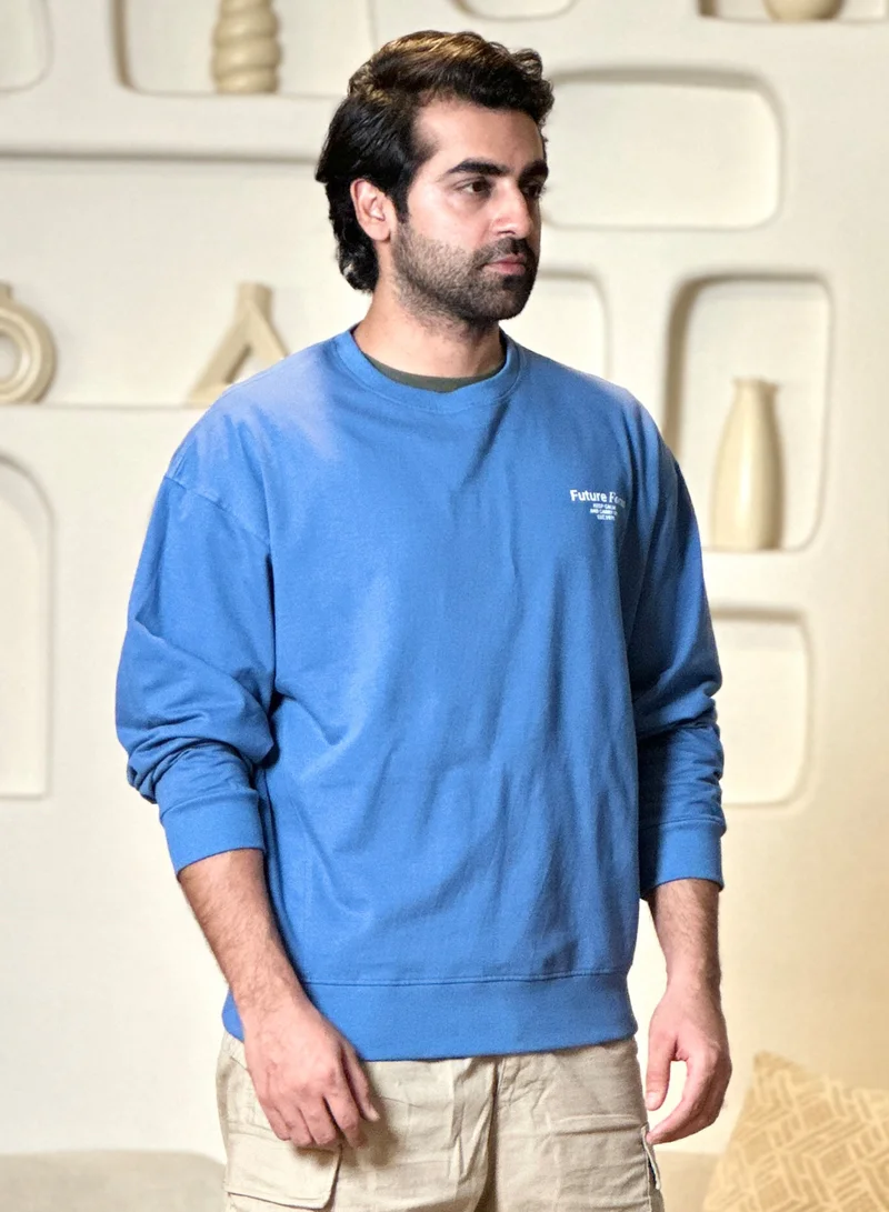 Maniac Maniac Mens Printed Round Neck Fullsleeve Denim Blue and White Cotton Sweatshirt