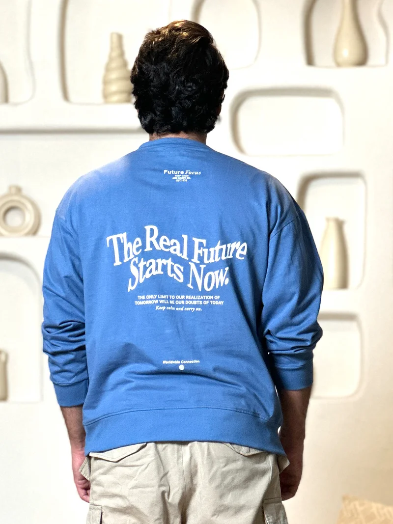 Maniac Maniac Mens Printed Round Neck Fullsleeve Denim Blue and White Cotton Sweatshirt