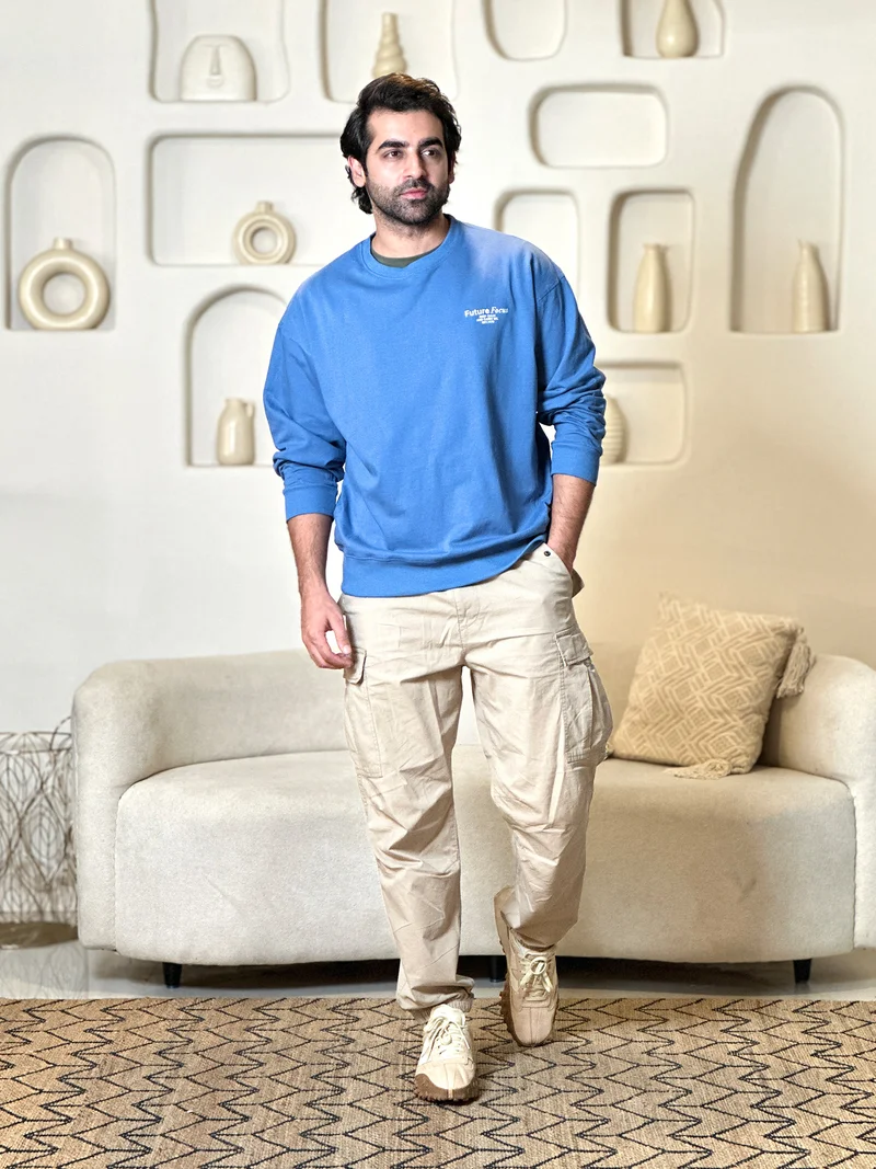 Maniac Maniac Mens Printed Round Neck Fullsleeve Denim Blue and White Cotton Sweatshirt