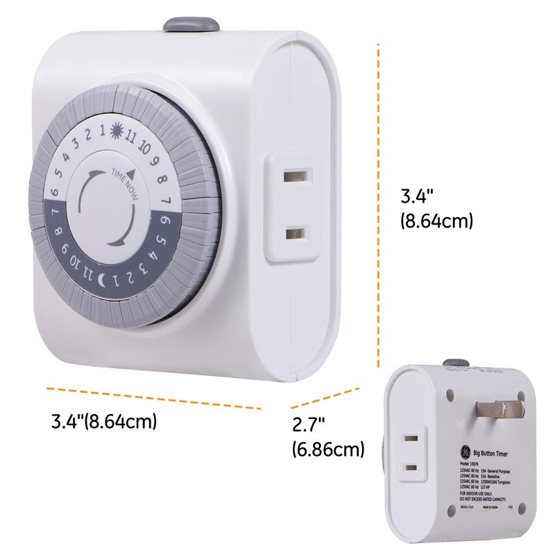 GE 24-Hour Indoor Plug-in Mechanical Timer, Big Button for Easy Programing, 1 Polarized Outlet, 30 Minute Intervals, Daily On/Off Cycle, for Lamps, Portable Fans, Seasonal Lights, 15076, Big Button 1-Outlet | Gray/White - Image 3