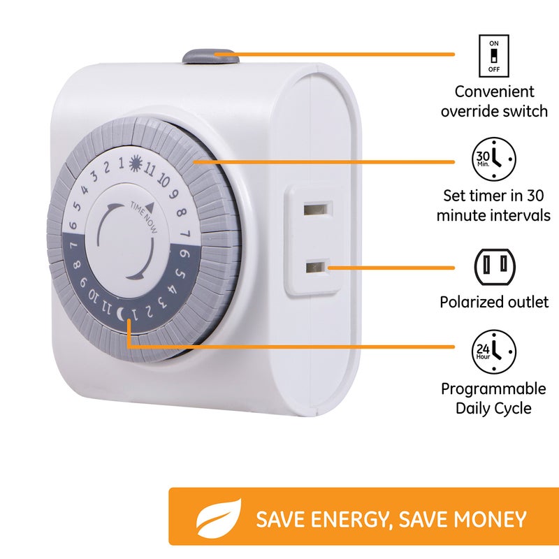 GE 24-Hour Indoor Plug-in Mechanical Timer, Big Button for Easy Programing, 1 Polarized Outlet, 30 Minute Intervals, Daily On/Off Cycle, for Lamps, Portable Fans, Seasonal Lights, 15076, Big Button 1-Outlet | Gray/White - Image 4
