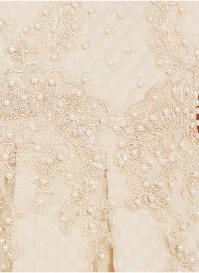 Styli Embellished Faux Pearl Lace Insert Pleated Dress  - Image 3