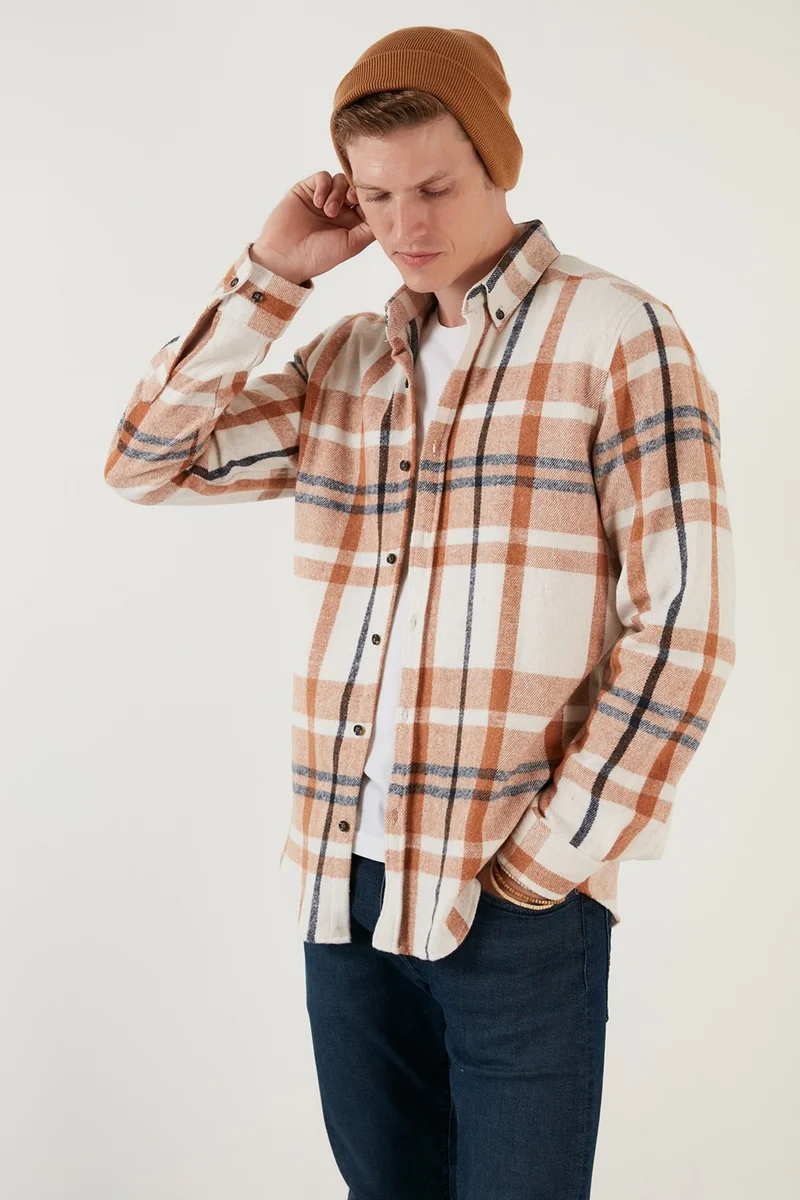 بوراتي Cotton Plaid Slim Fit Button Collar Shirt Men's Shirt CF23W114662