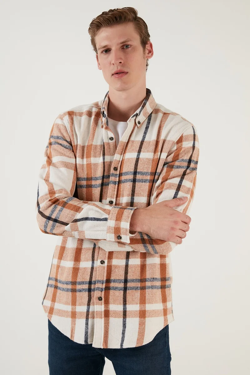 بوراتي Cotton Plaid Slim Fit Button Collar Shirt Men's Shirt CF23W114662