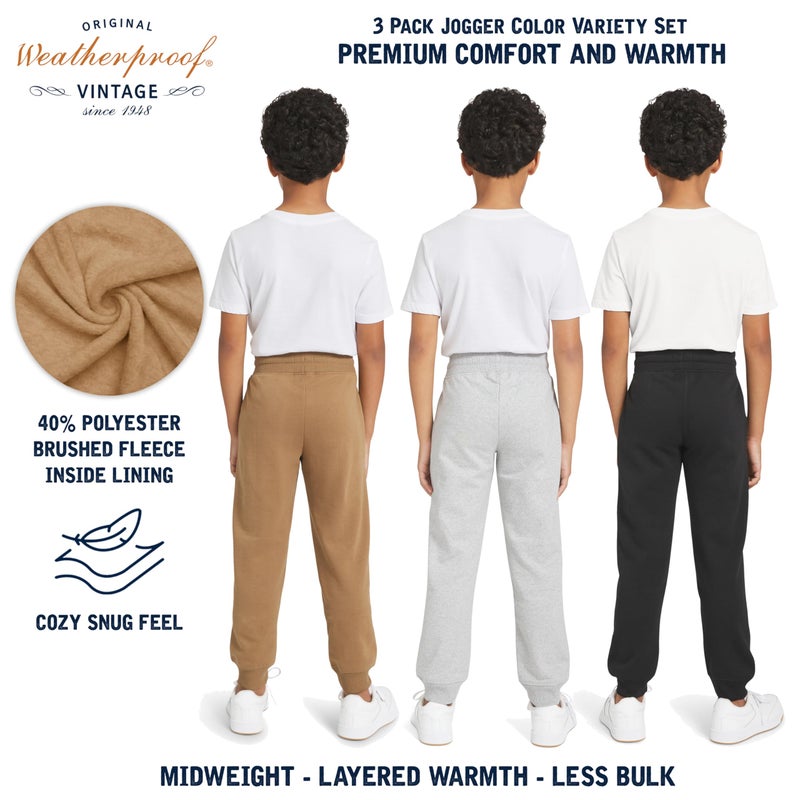 Weatherproof Vintage Boys' 3 Pack Variety Midweight Super Soft Fleece Lined Stretchable Jogger Pants, Tan Grey Black Set, Small - Image 3