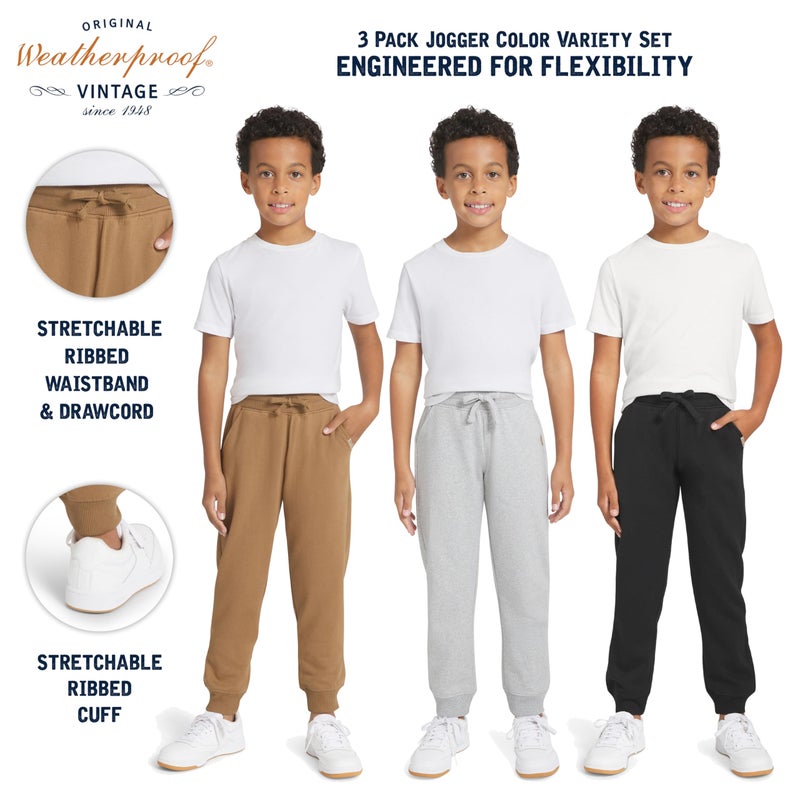 Weatherproof Vintage Boys' 3 Pack Variety Midweight Super Soft Fleece Lined Stretchable Jogger Pants, Tan Grey Black Set, Small - Image 4