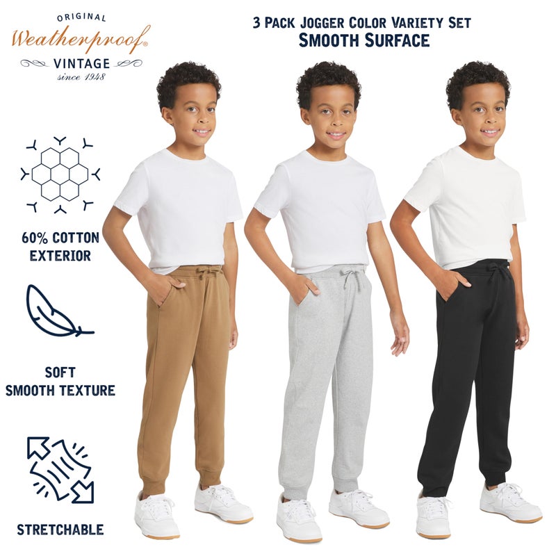 Weatherproof Vintage Boys' 3 Pack Variety Midweight Super Soft Fleece Lined Stretchable Jogger Pants, Tan Grey Black Set, Small - Image 5
