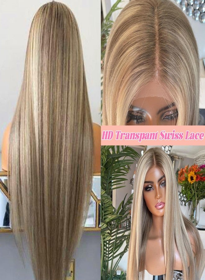 Smavida Highlights Ash Blonde Lace Front Wig Human Hair 22Inch Straight Ombre Blonde with Ash Brown Roots 13x4 HD Lace Front Brazilian Virgin Human Hair Wig Pre Plucked #8/18/60 - Image 3
