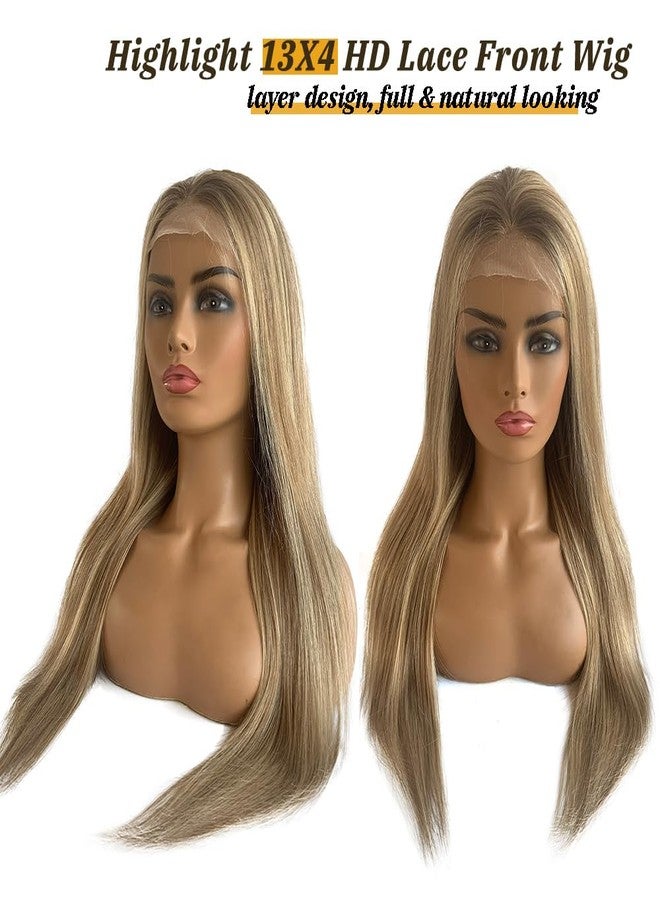 Smavida Highlights Ash Blonde Lace Front Wig Human Hair 22Inch Straight Ombre Blonde with Ash Brown Roots 13x4 HD Lace Front Brazilian Virgin Human Hair Wig Pre Plucked #8/18/60 - Image 4