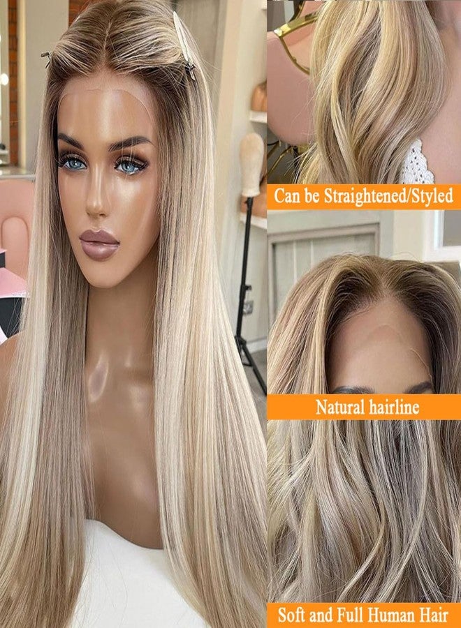 Smavida Highlights Ash Blonde Lace Front Wig Human Hair 22Inch Straight Ombre Blonde with Ash Brown Roots 13x4 HD Lace Front Brazilian Virgin Human Hair Wig Pre Plucked #8/18/60 - Image 2