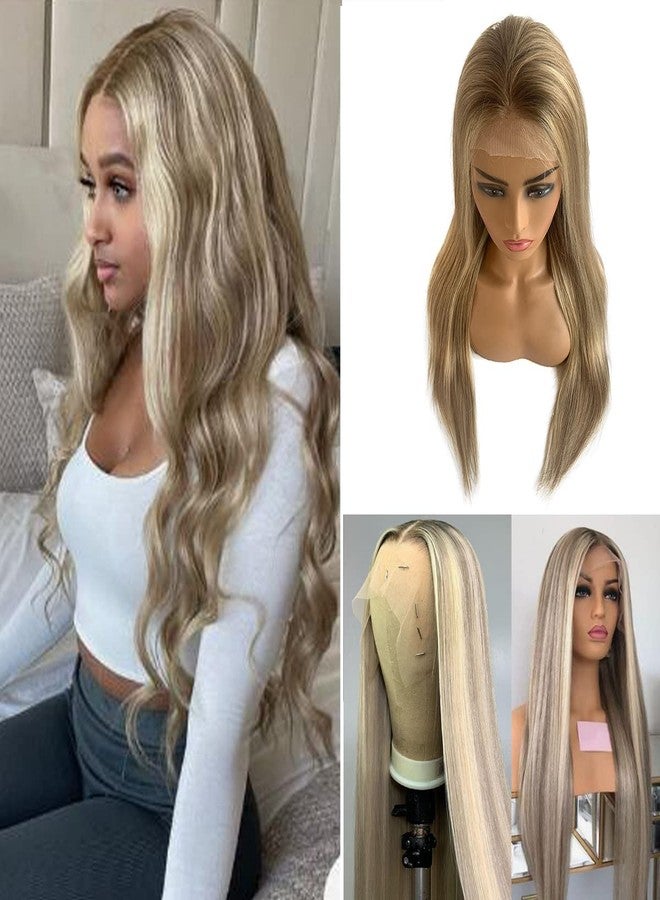 Smavida Highlights Ash Blonde Lace Front Wig Human Hair 22Inch Straight Ombre Blonde with Ash Brown Roots 13x4 HD Lace Front Brazilian Virgin Human Hair Wig Pre Plucked #8/18/60 - Image 1