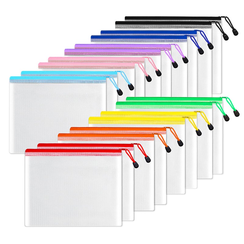 SUNEE SUNEE Plastic Mesh Zipper Pouch 7x11 in (9 Colors, 18 Packs),Extra Large Water-Resistant Zip Bag for School Office Supplies, Puzzles & Games Organizing Storage - Image 1