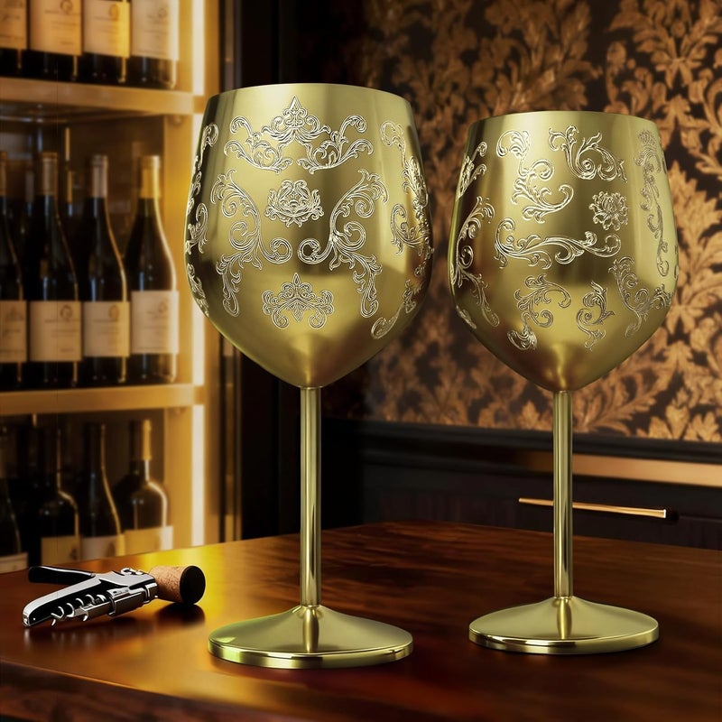 Lifecapido Stainless Steel Wine Glasses Set of 2, 18oz Etched Gold Wine Goblets, Unique Wine Glasses with Intricate Baroque Engravings for Party Wedding Anniversary - Image 5