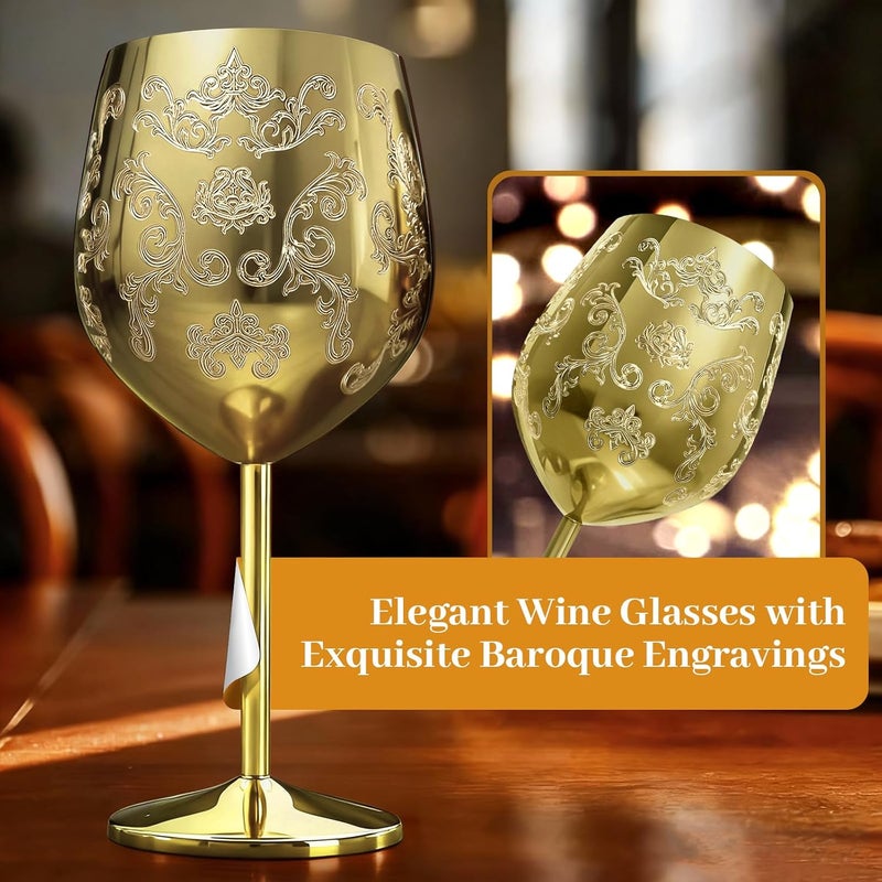 Lifecapido Stainless Steel Wine Glasses Set of 2, 18oz Etched Gold Wine Goblets, Unique Wine Glasses with Intricate Baroque Engravings for Party Wedding Anniversary - Image 3