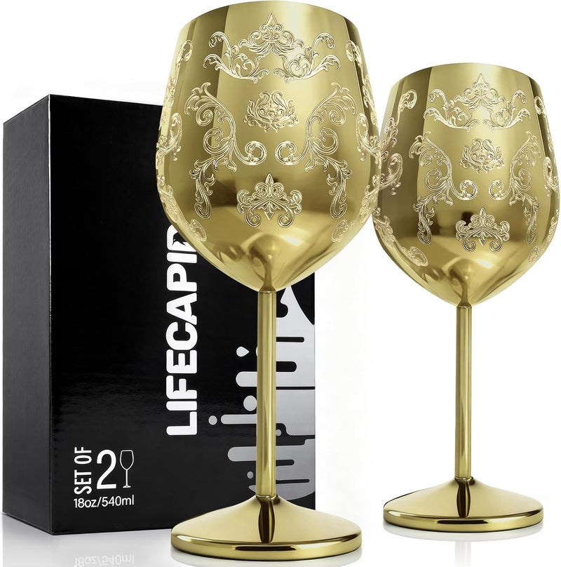 Lifecapido Stainless Steel Wine Glasses Set of 2, 18oz Etched Gold Wine Goblets, Unique Wine Glasses with Intricate Baroque Engravings for Party Wedding Anniversary - Image 1