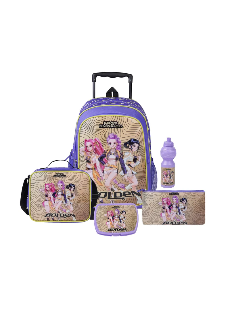 نيتفليكس Netflix K-Pop Demon Hunters Golden 5-in-1 Kids Trolley School Set 18" | Rolling Backpack, Lunch Bag, Lunch Box, Water Bottle & Pencil Case  | Water Resistant  | Girls School Bag