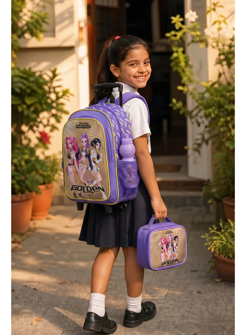 نيتفليكس Netflix K-Pop Demon Hunters Golden 5-in-1 Kids Trolley School Set 18" | Rolling Backpack, Lunch Bag, Lunch Box, Water Bottle & Pencil Case  | Water Resistant  | Girls School Bag
