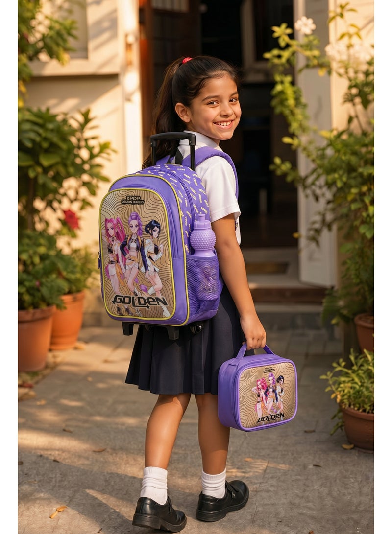 Netflix K-Pop Demon Hunters Golden 5-in-1 Kids Trolley School Set 18" | Rolling Backpack, Lunch Bag, Lunch Box, Water Bottle & Pencil Case  | Water Resistant  | Girls School Bag - Image 2