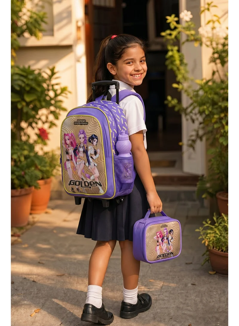 Netflix Blue & Gold Netflix K-Pop Demon Hunters Golden 5-in-1 Kids Trolley School Set 18" | Rolling Backpack, Lunch Bag, Lunch Box, Water Bottle & Pencil Case  | Water Resistant  | Girls School Bag for Women | Best Price UAE