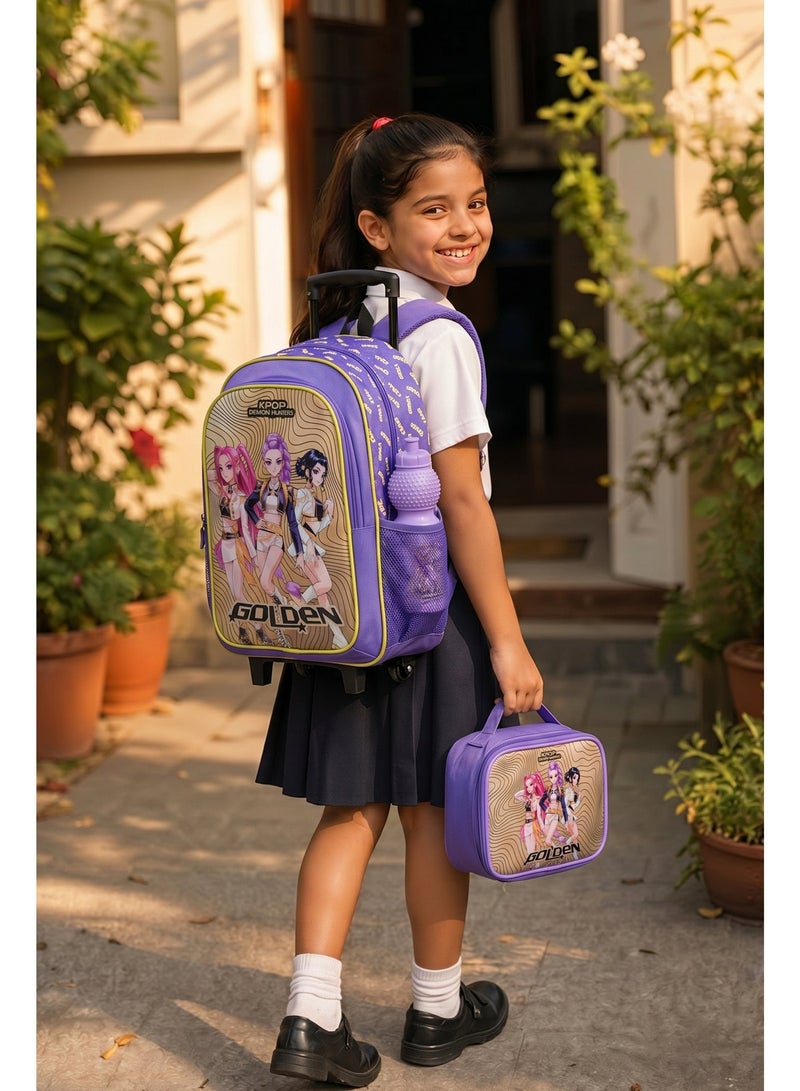 Netflix K-Pop Demon Hunters Golden 5-in-1 Kids Trolley School Set 18" | Rolling Backpack, Lunch Bag, Lunch Box, Water Bottle & Pencil Case  | Water Resistant  | Girls School Bag - Image 3