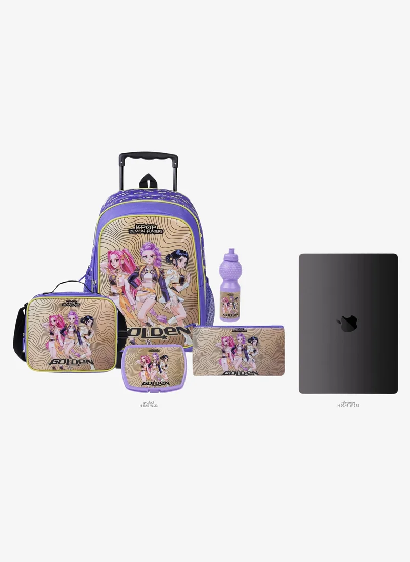 نيتفليكس Netflix K-Pop Demon Hunters Golden 5-in-1 Kids Trolley School Set 18" | Rolling Backpack, Lunch Bag, Lunch Box, Water Bottle & Pencil Case  | Water Resistant  | Girls School Bag