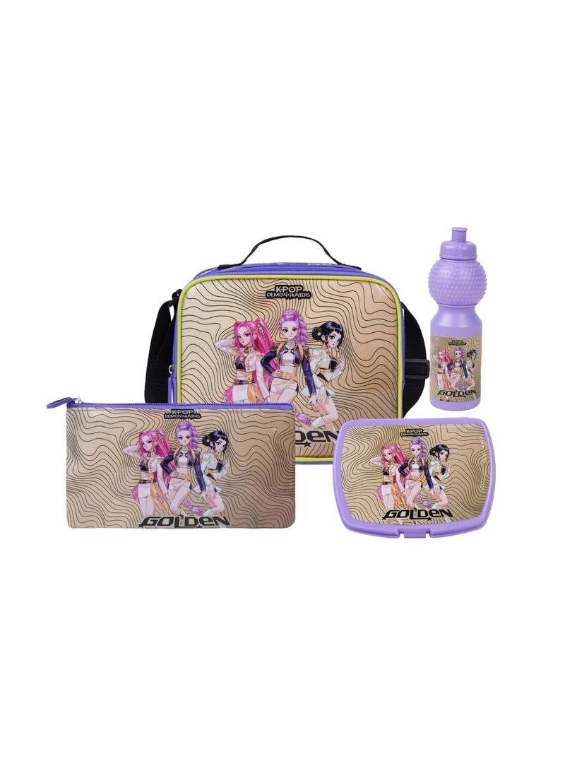 Netflix Blue & Gold Netflix K-Pop Demon Hunters Golden 5-in-1 Kids Trolley School Set 18" | Rolling Backpack, Lunch Bag, Lunch Box, Water Bottle & Pencil Case  | Water Resistant  | Girls School Bag for Women | Best Price UAE