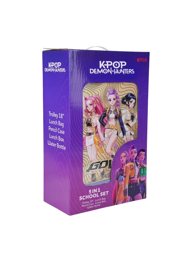 Netflix Blue & Gold Netflix K-Pop Demon Hunters Golden 5-in-1 Kids Trolley School Set 18" | Rolling Backpack, Lunch Bag, Lunch Box, Water Bottle & Pencil Case  | Water Resistant  | Girls School Bag for Women | Best Price UAE