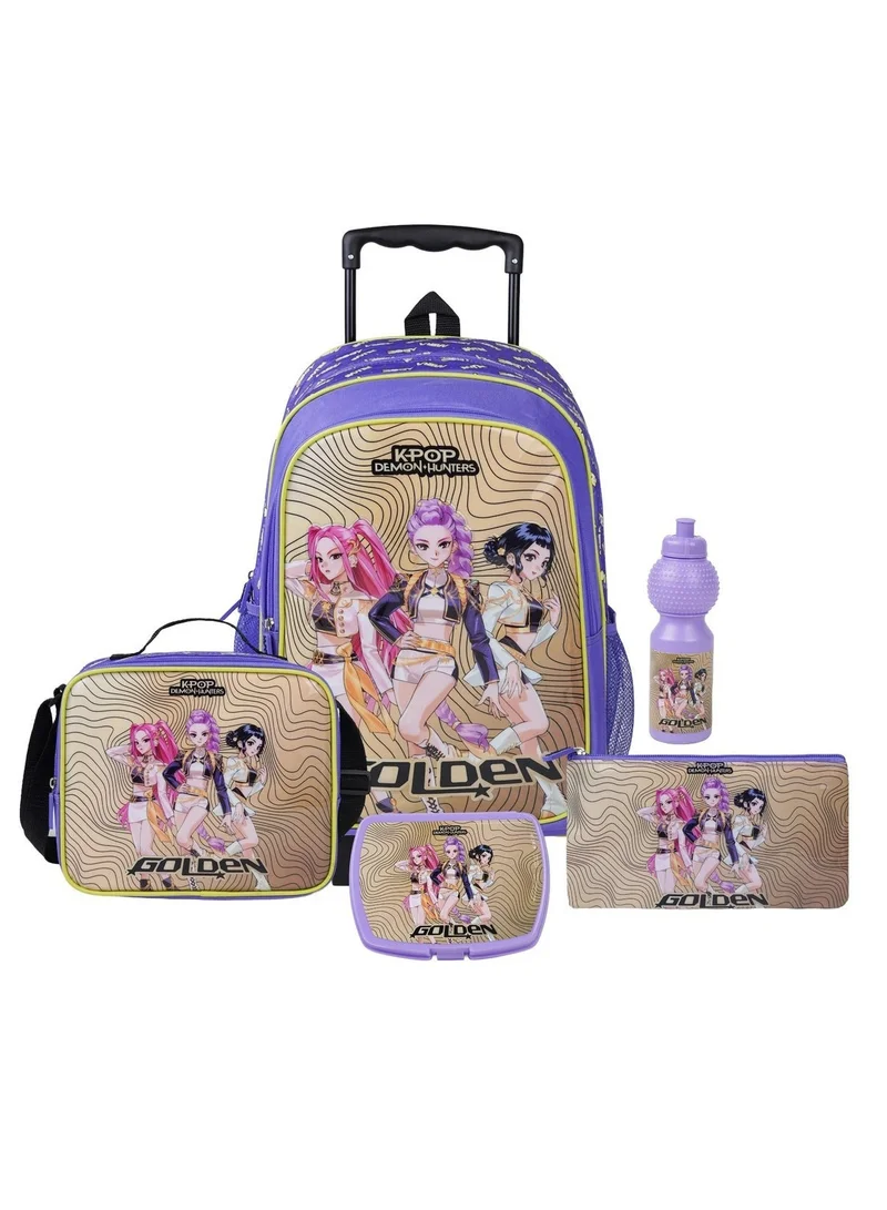 Netflix K-Pop Demon Hunters Golden 5-in-1 Kids Trolley School Set 18" | Rolling Backpack, Lunch Bag, Lunch Box, Water Bottle & Pencil Case  | Water Resistant  | Girls School Bag